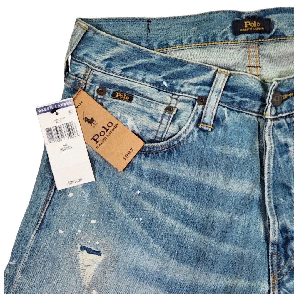 Polo Ralph Lauren Distressed Paint Splatter Ripped Denim Jeans 32x31‎ Button Fly